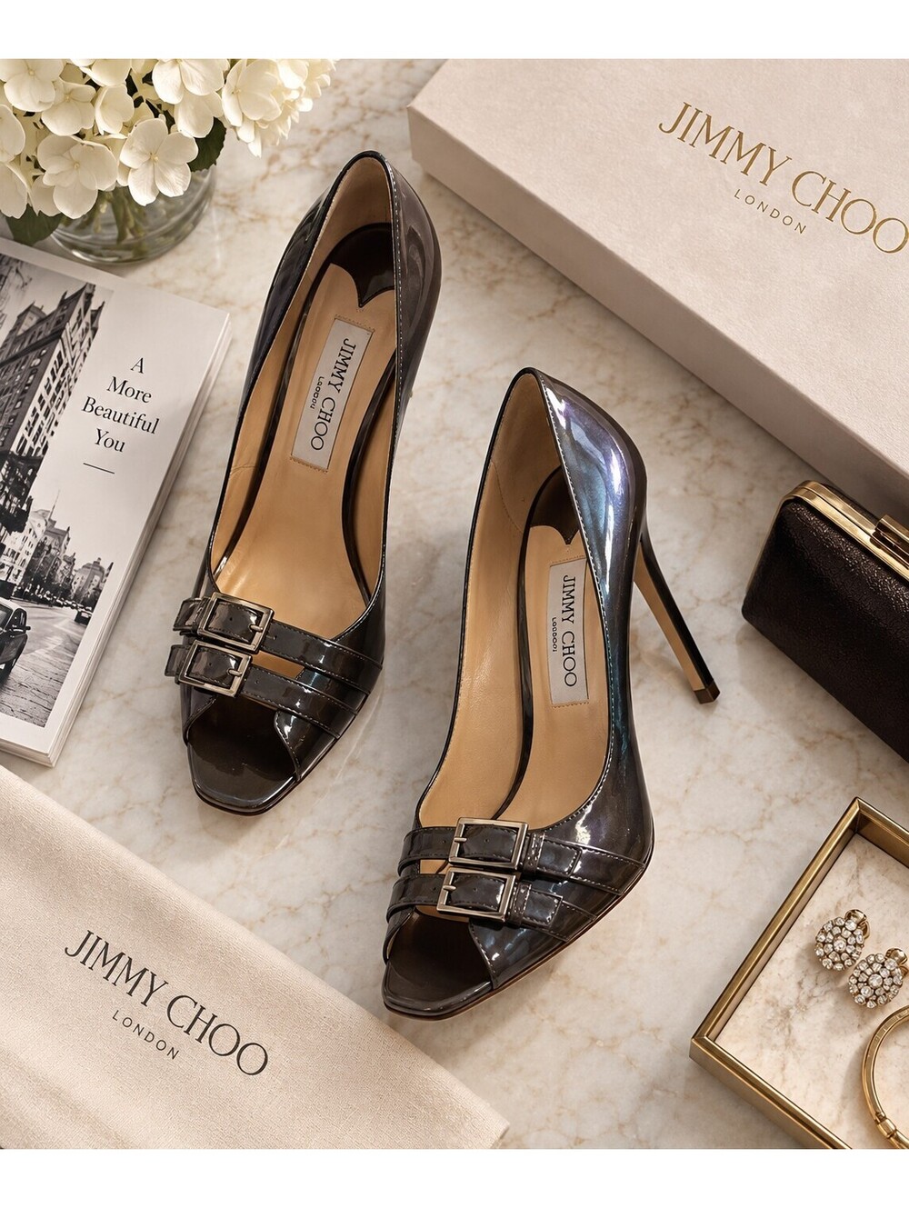 Jimmy Choo double buckle patent Peep Toe Heels - Size 36.5